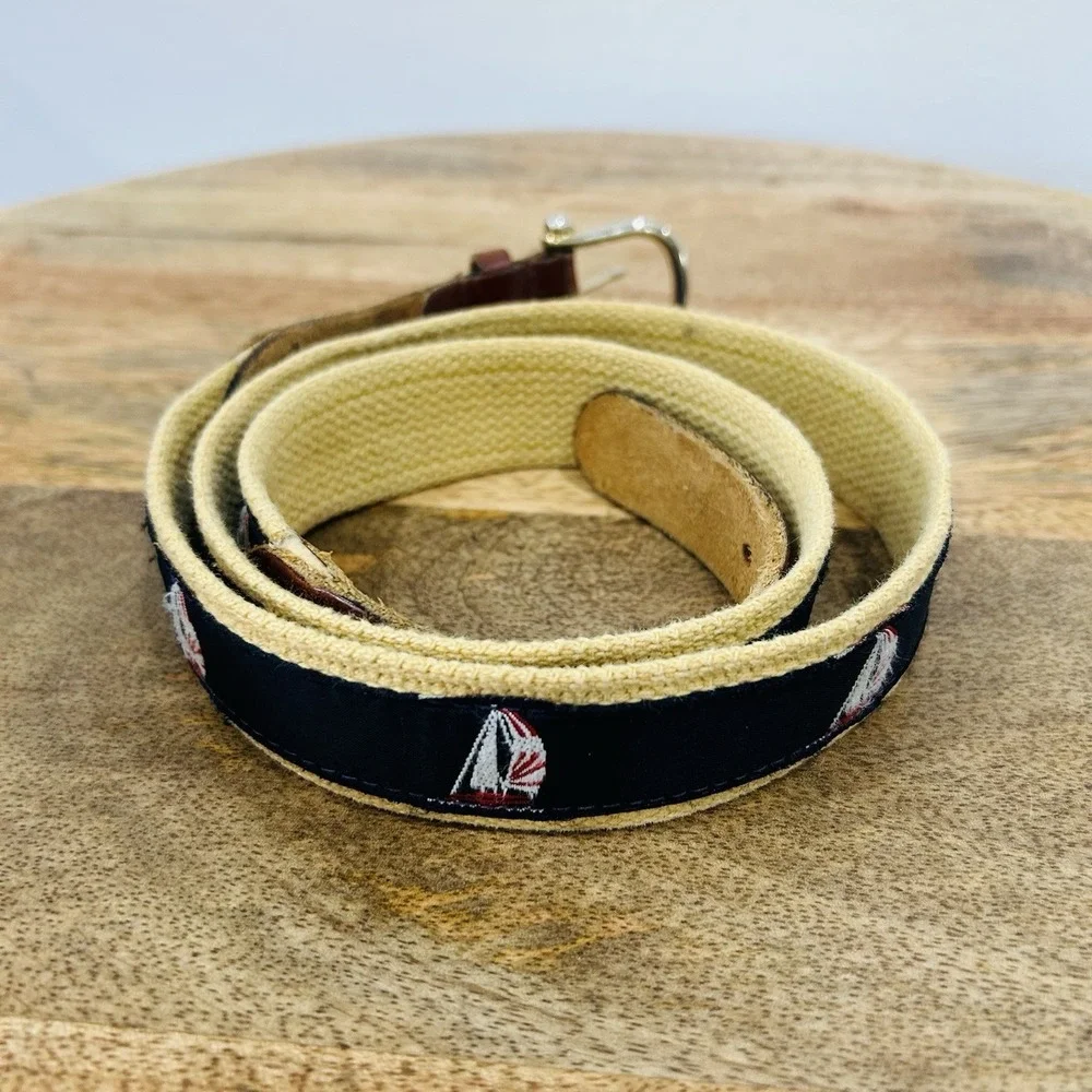 Vintage Men's Leather Canvas Ribbon Belt Sailboat Men's Navy Blue 38-41